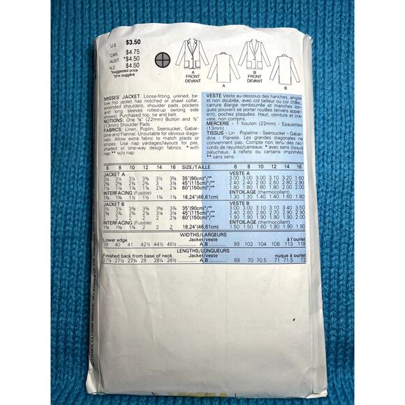 Butterick 3066 pattern blazer boxy boyfriend 1980s size 12 14 16 - Picture 3 of 6